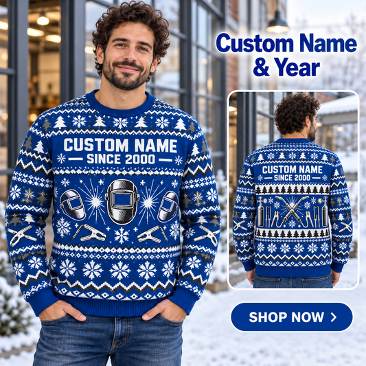 Personalized Welder Fair Isle Christmas All-Over Print Crewneck Sweater: advertising lifestyle mockup