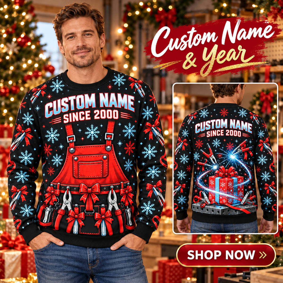 Personalized Welder Holiday Workshop All-Over Print Crewneck Sweater: advertising lifestyle mockup