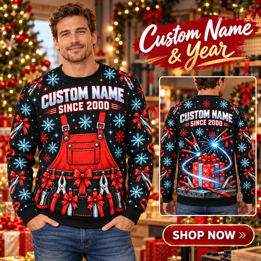 Personalized Welder Holiday Workshop All-Over Print Crewneck Sweater: advertising lifestyle mockup