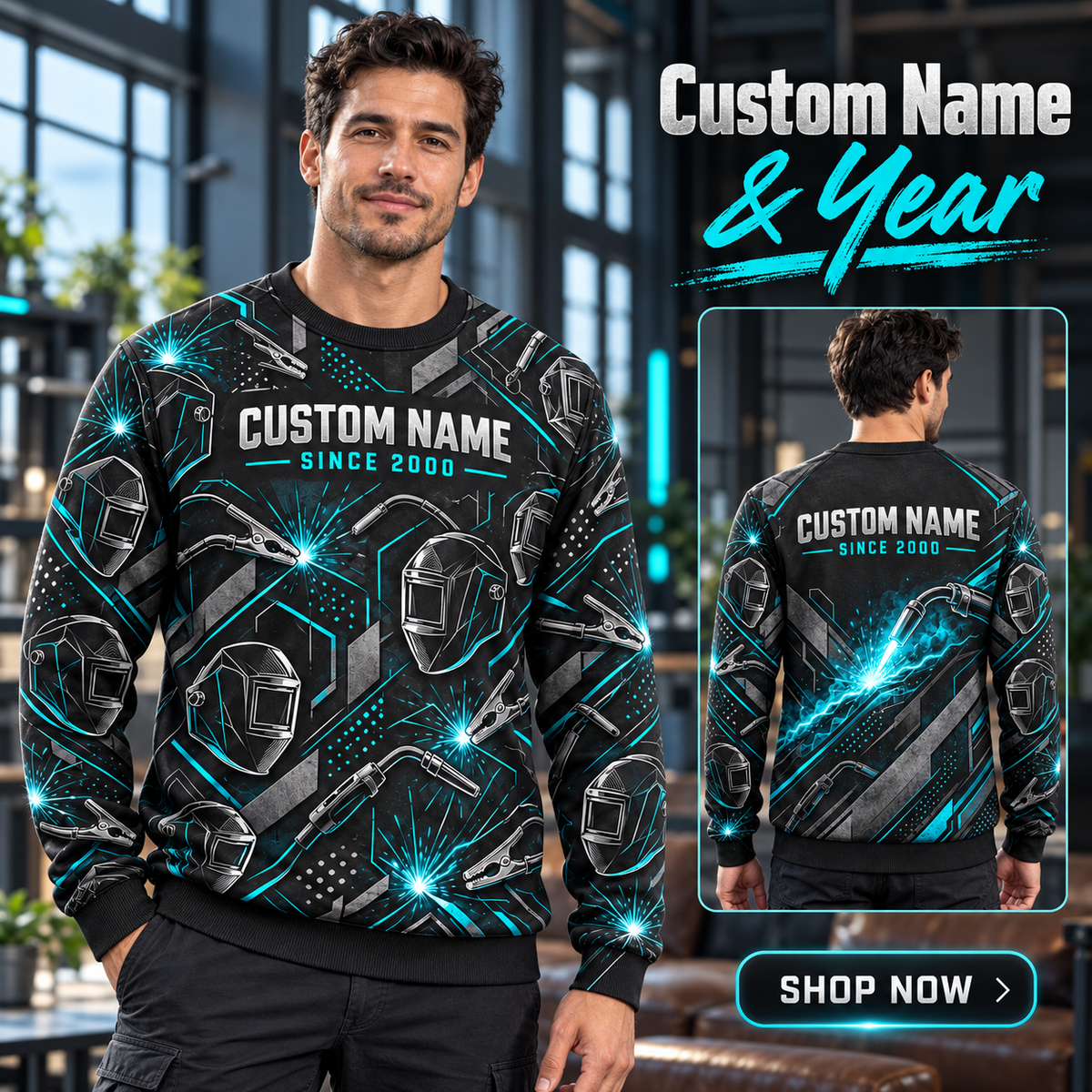 Personalized Welder Arc Geometry All-Over Print Crewneck Sweater: advertising lifestyle mockup
