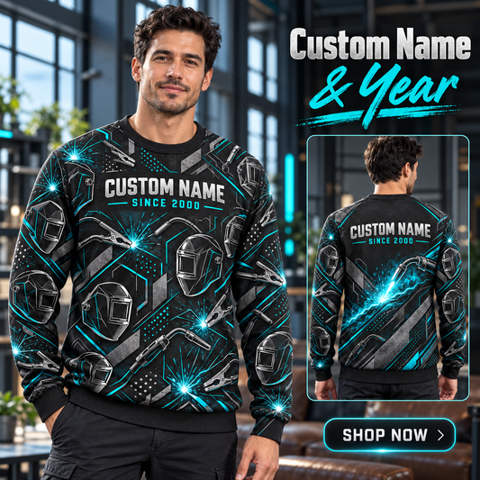 Personalized Welder Arc Geometry All-Over Print Crewneck Sweater: advertising lifestyle mockup
