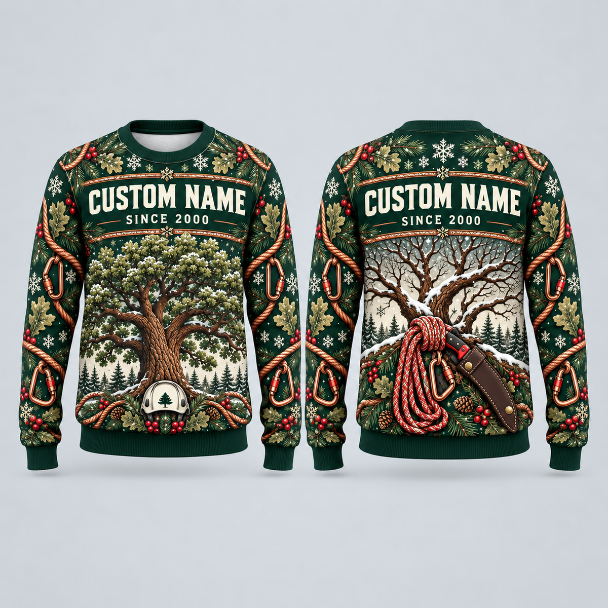 Personalized Arborist Canopy Holiday Hero All-Over Print Crewneck Sweater: front and back design mockups with CUSTOM NAME and SINCE 2000
