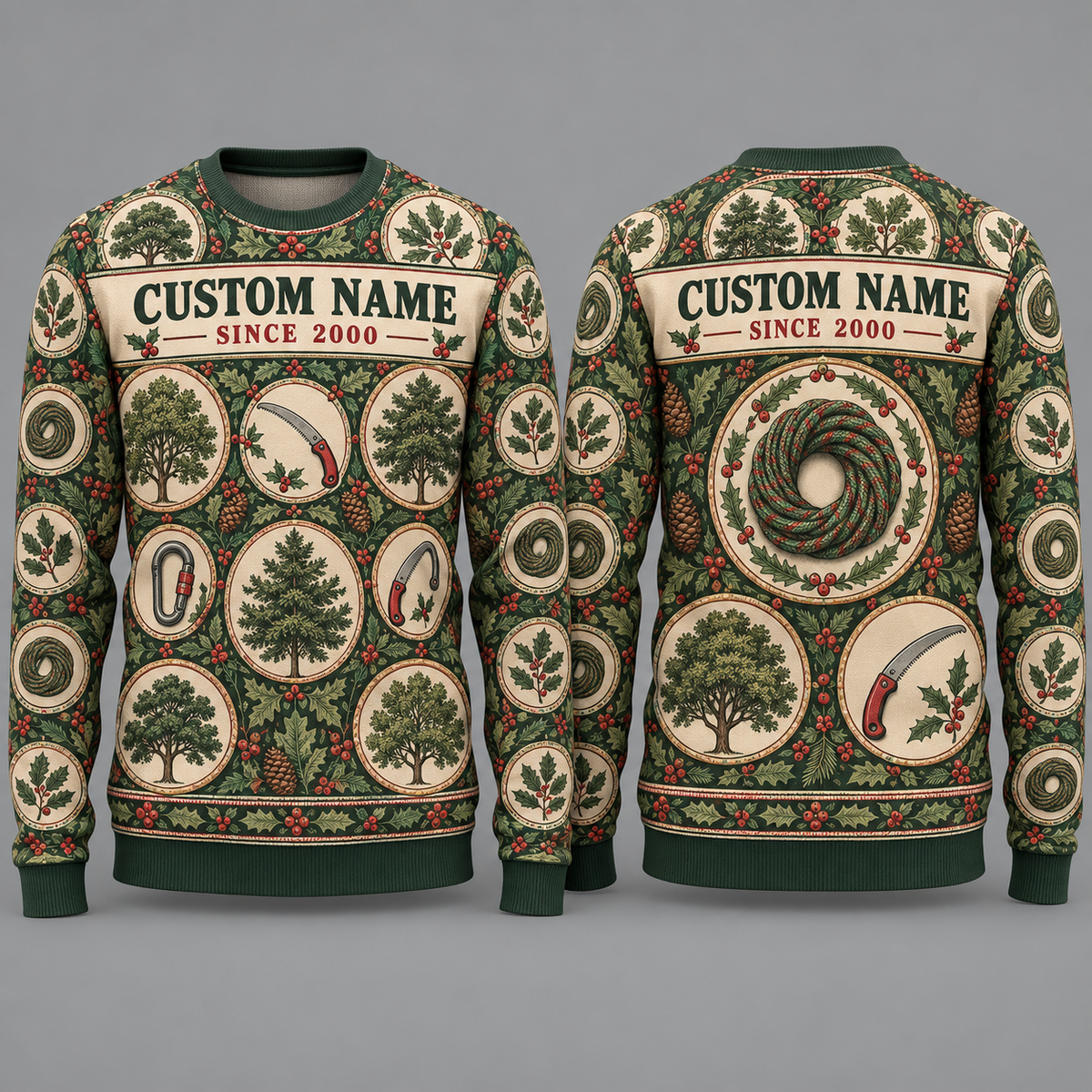 Personalized Arborist Tree Crew Holiday Medallions All-Over Print Crewneck Sweater: front and back design mockups with CUSTOM NAME and SINCE 2000
