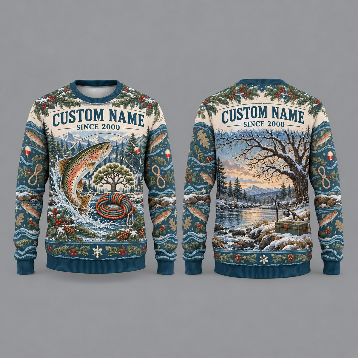 Personalized Arborist Streamside Christmas All-Over Print Crewneck Sweater: front and back design mockups with CUSTOM NAME and SINCE 2000