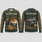Personalized Arborist Canopy Camp Retreat All-Over Print Crewneck Sweater: front and back design mockups with CUSTOM NAME and SINCE 2000