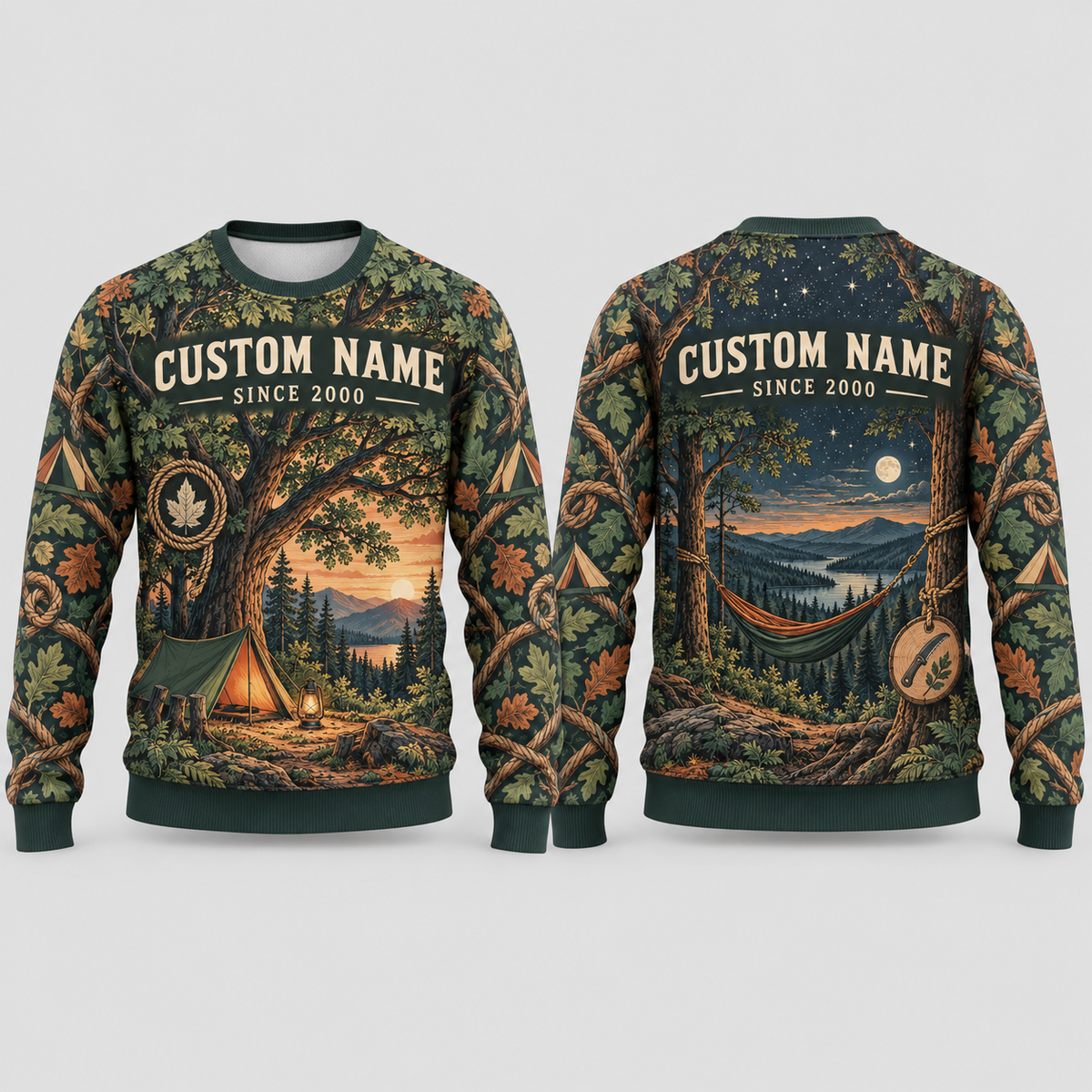 Personalized Arborist Canopy Camp Retreat All-Over Print Crewneck Sweater: front and back design mockups with CUSTOM NAME and SINCE 2000