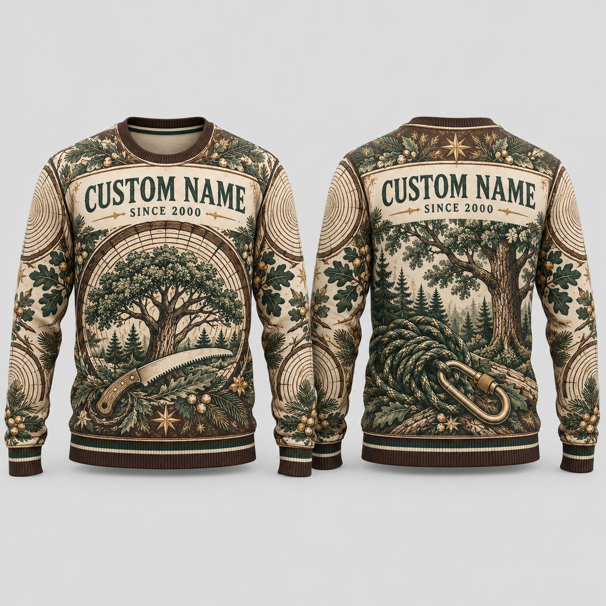 Personalized Arborist Canopy Heritage Holiday All-Over Print Crewneck Sweater: front and back design mockups with CUSTOM NAME and SINCE 2000
