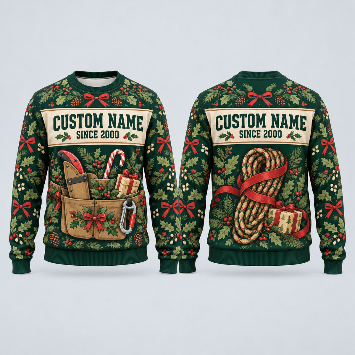 Personalized Arborist Tree Crew Holiday Gear Illusion All-Over Print Crewneck Sweater: front and back design mockups with CUSTOM NAME and SINCE 2000