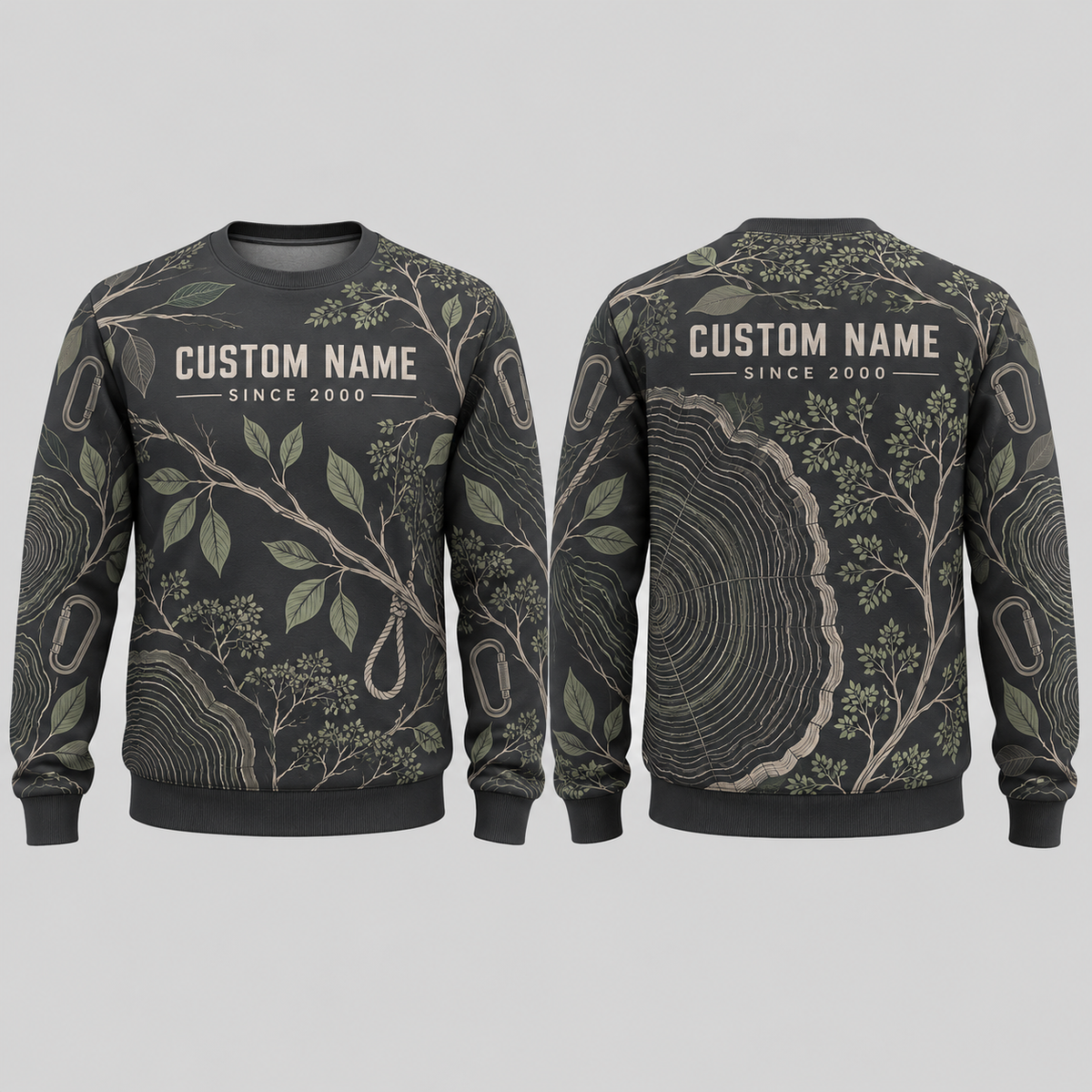Personalized Arborist Canopy Geometry All-Over Print Crewneck Sweater: front and back design mockups with CUSTOM NAME and SINCE 2000