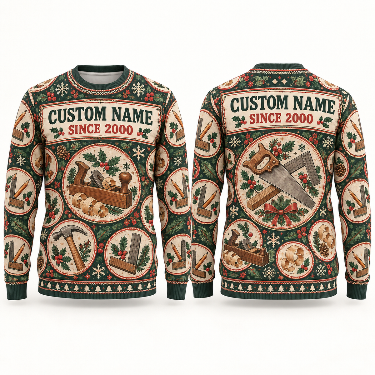 Personalized Carpenter Holiday Medallions All-Over Print Crewneck Sweater: front and back design mockups with CUSTOM NAME and SINCE 2000