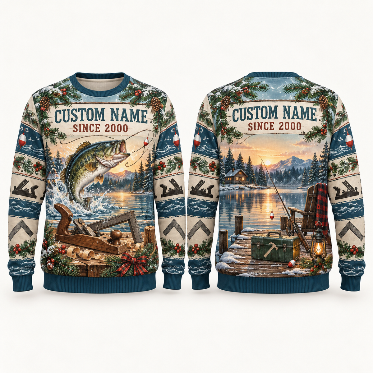 Personalized Carpenter Gone Fishing Christmas All-Over Print Crewneck Sweater: front and back design mockups with CUSTOM NAME and SINCE 2000