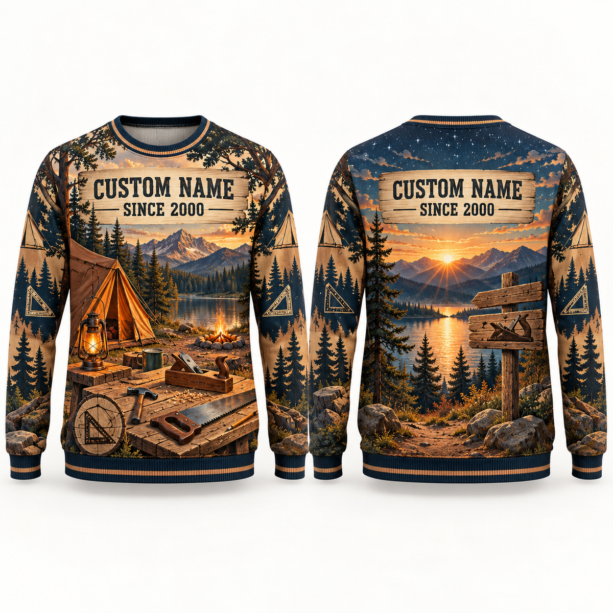 Personalized Carpenter Camp Weekend All-Over Print Crewneck Sweater: front and back design mockups with CUSTOM NAME and SINCE 2000