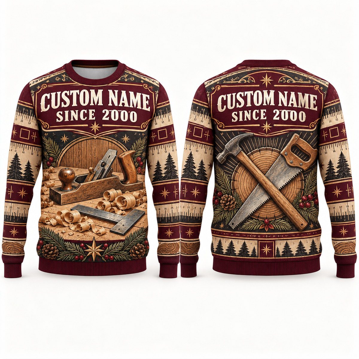 Personalized Carpenter Craft Heritage Holiday All-Over Print Crewneck Sweater: front and back design mockups with CUSTOM NAME and SINCE 2000