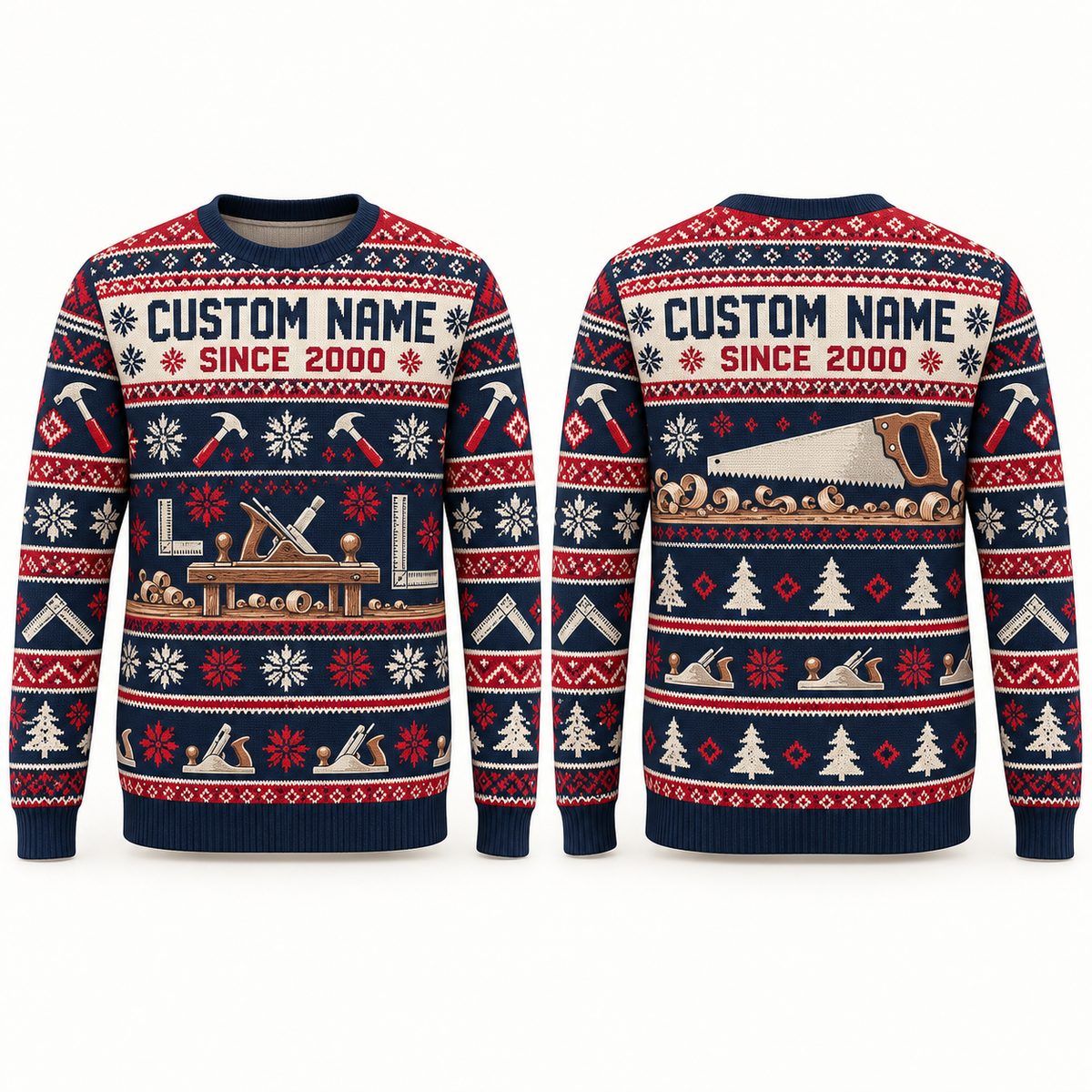 Personalized Carpenter Printed Fair Isle Christmas All-Over Print Crewneck Sweater: front and back design mockups with CUSTOM NAME and SINCE 2000