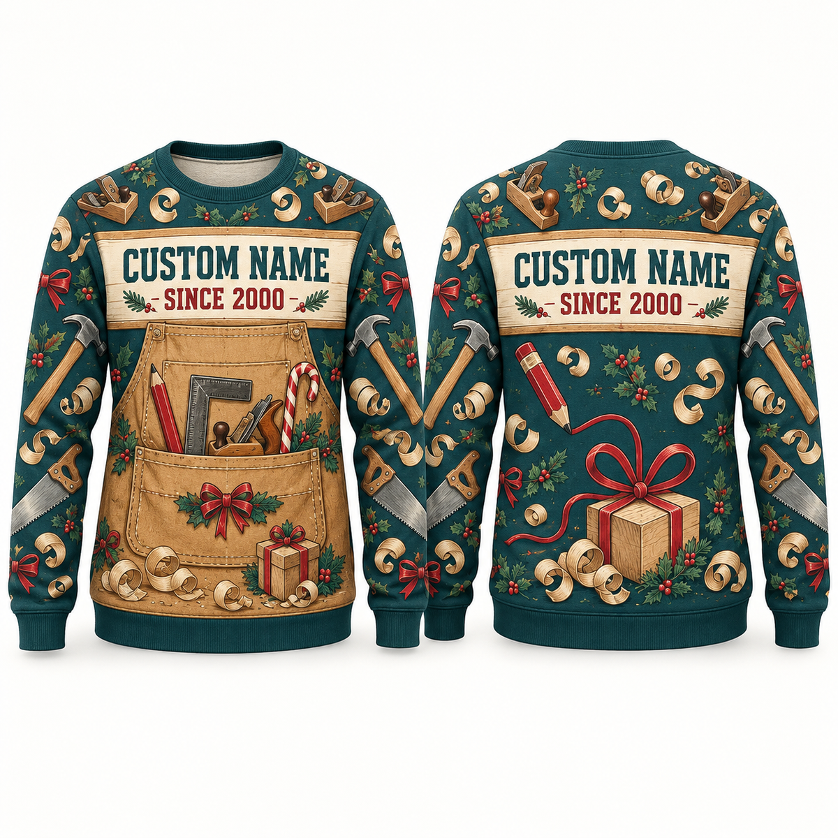 Personalized Carpenter Holiday Maker Apron Illusion All-Over Print Crewneck Sweater: front and back design mockups with CUSTOM NAME and SINCE 2000