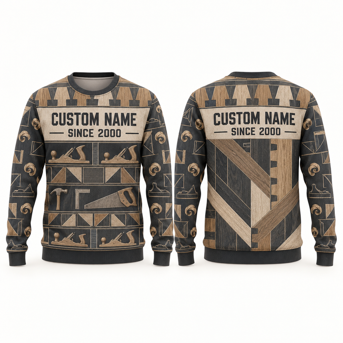 Personalized Carpenter Joinery Geometry All-Over Print Crewneck Sweater: front and back design mockups with CUSTOM NAME and SINCE 2000
