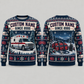 Personalized EMS Holiday Night Watch All-Over Print Crewneck Sweater: front and back design mockups with CUSTOM NAME and SINCE 2000