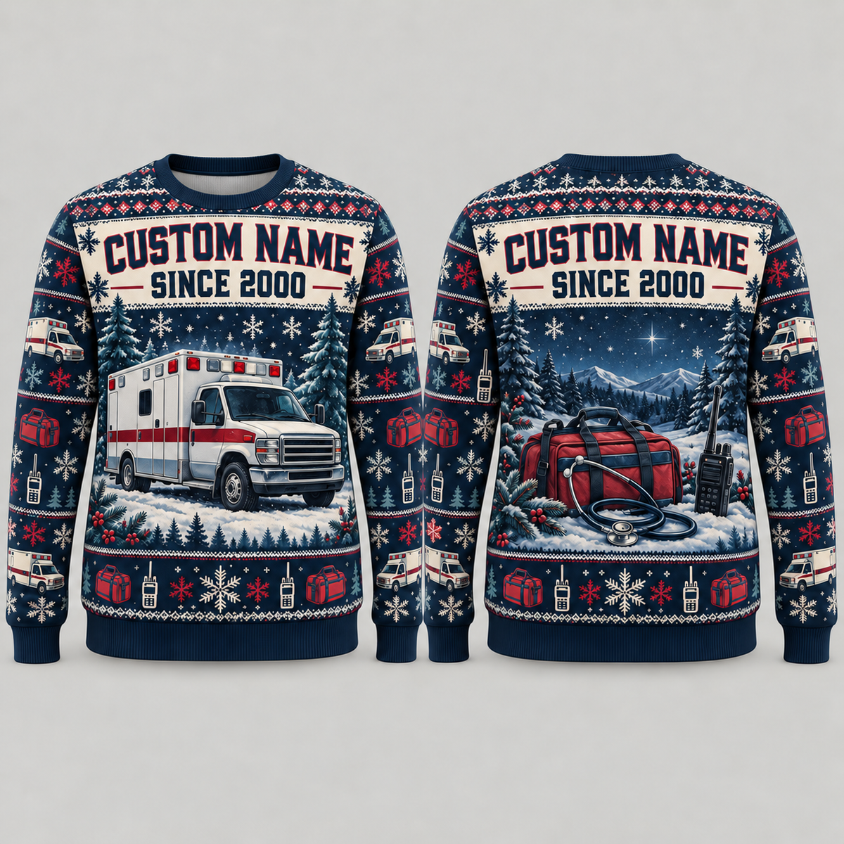 Personalized EMS Holiday Night Watch All-Over Print Crewneck Sweater: front and back design mockups with CUSTOM NAME and SINCE 2000