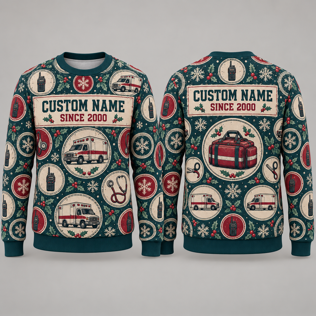 Personalized EMS Response Crew Holiday Medallions All-Over Print Crewneck Sweater: front and back design mockups with CUSTOM NAME and SINCE 2000