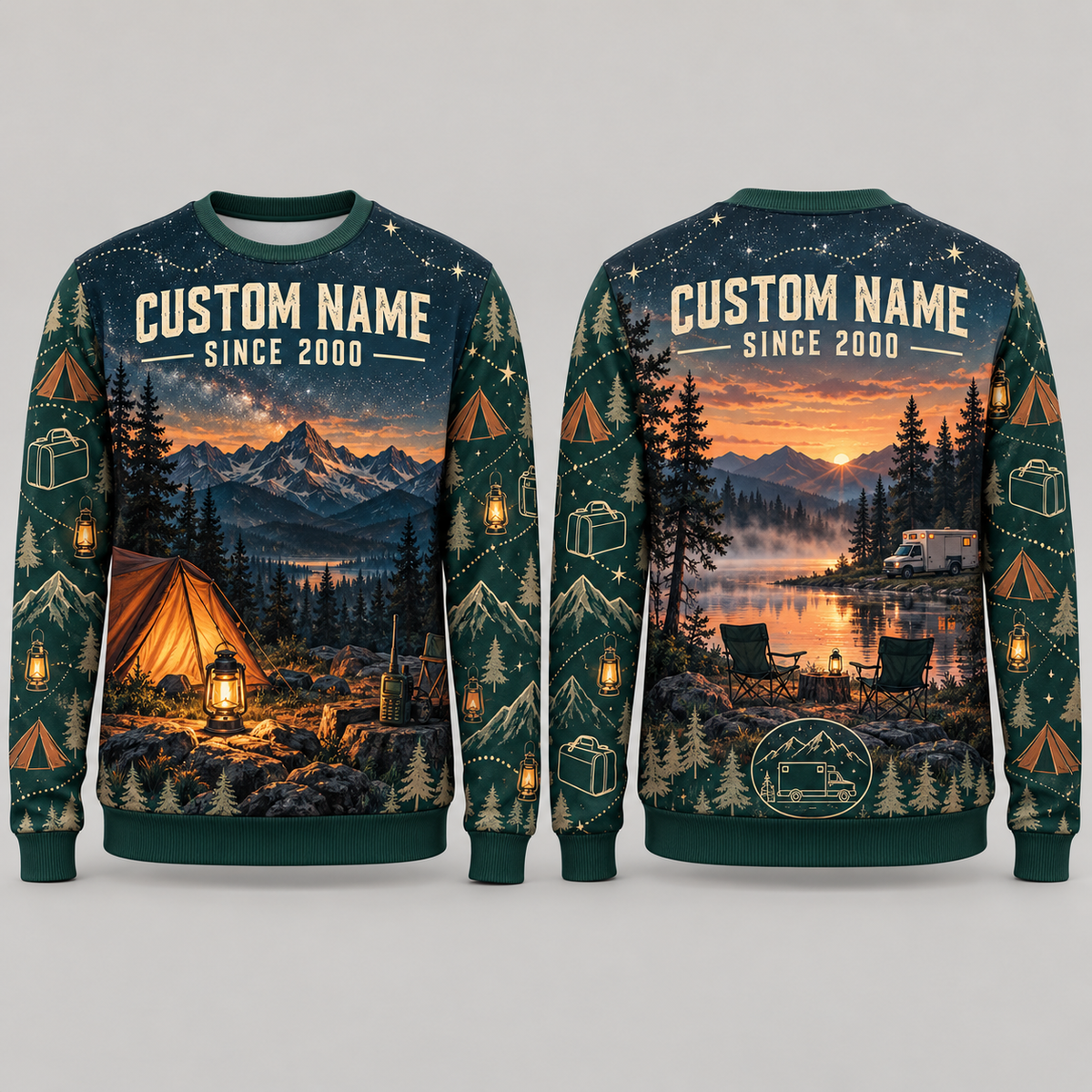 Personalized EMS Camp Weekend All-Over Print Crewneck Sweater: front and back design mockups with CUSTOM NAME and SINCE 2000