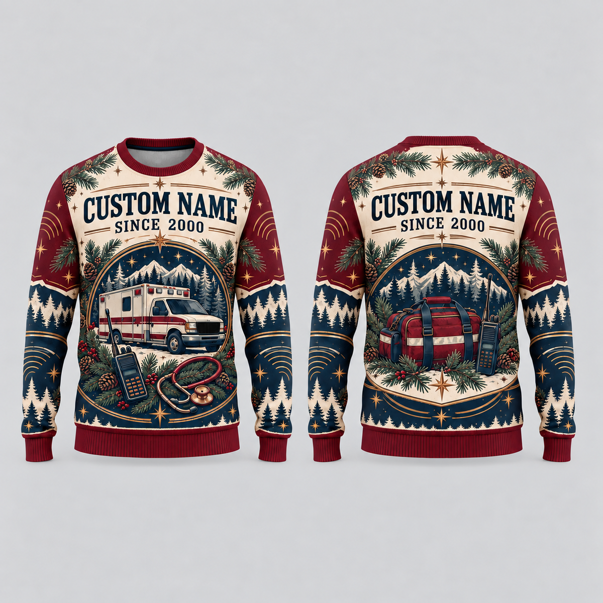Personalized EMS Service Heritage Holiday All-Over Print Crewneck Sweater: front and back design mockups with CUSTOM NAME and SINCE 2000