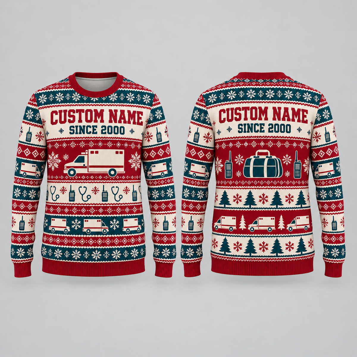 Personalized EMS Printed Fair Isle Christmas All-Over Print Crewneck Sweater: front and back design mockups with CUSTOM NAME and SINCE 2000