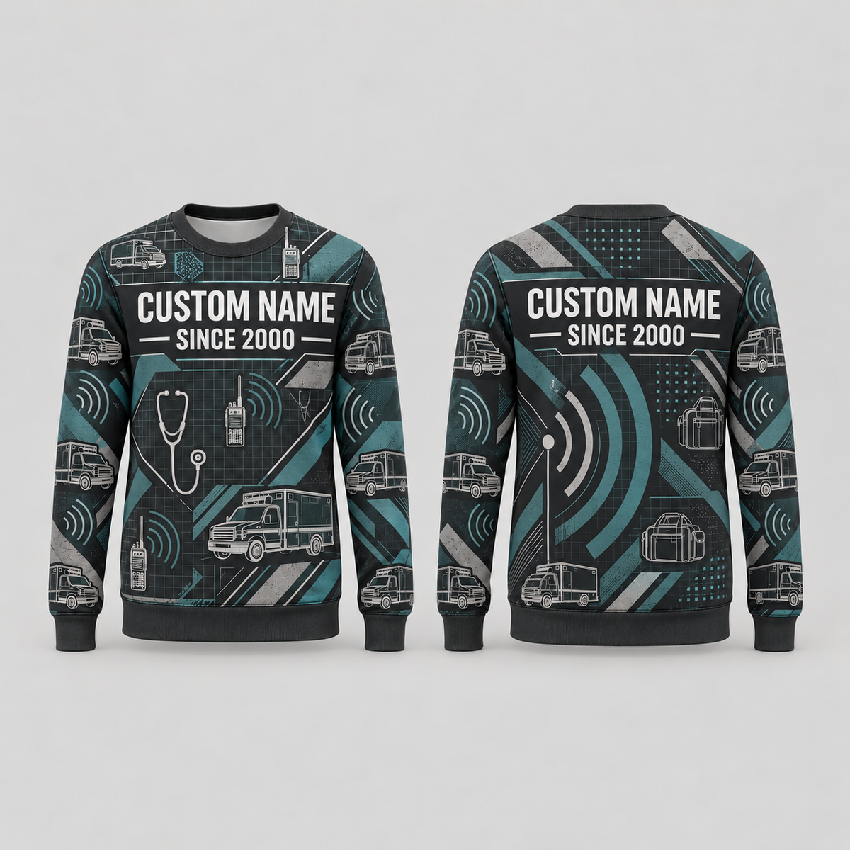 Personalized EMS Response Geometry All-Over Print Crewneck Sweater: front and back design mockups with CUSTOM NAME and SINCE 2000