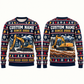 Personalized Excavator Operator Winter Dig Holiday Hero All-Over Print Crewneck Sweater: front and back design mockups with CUSTOM NAME and SINCE 2000