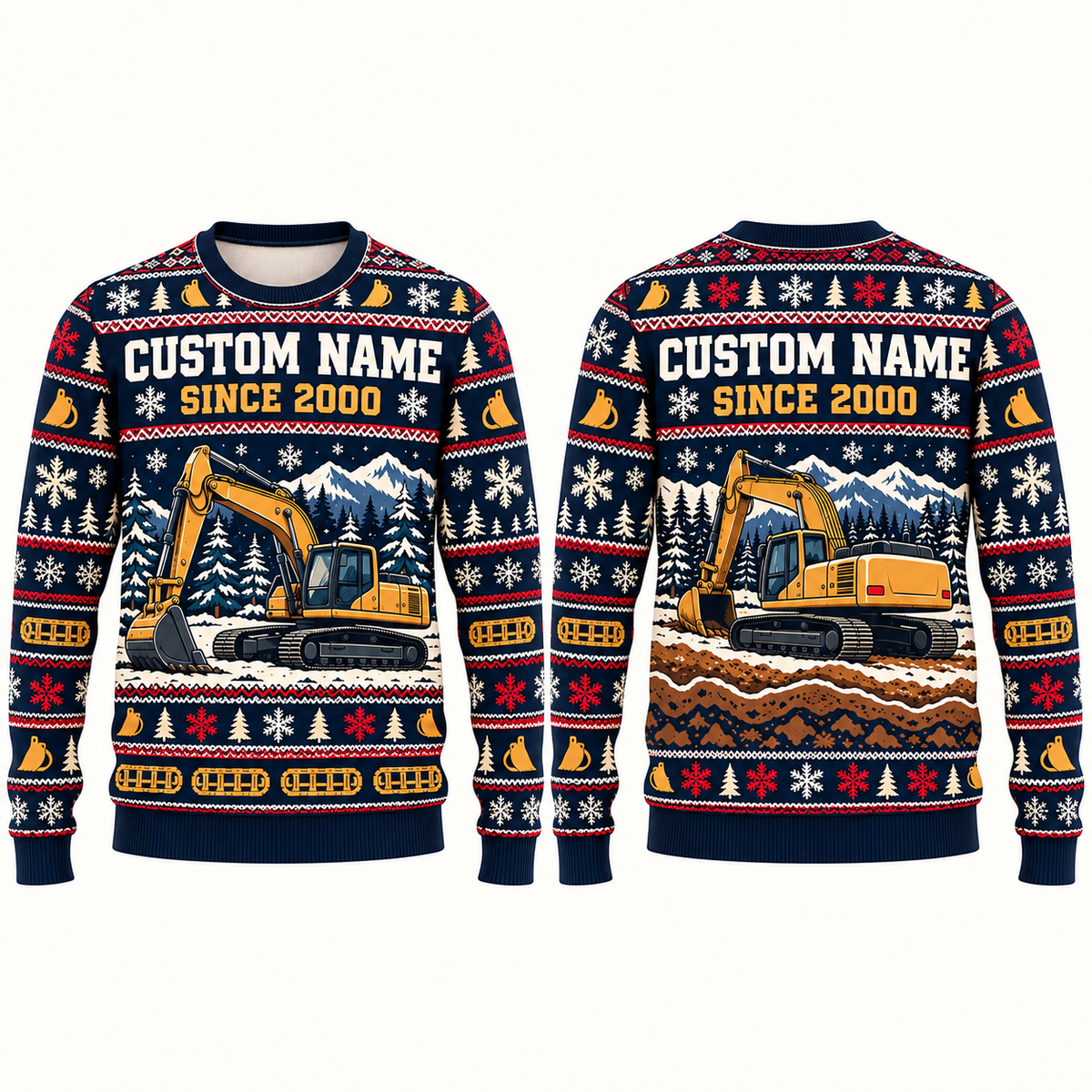Personalized Excavator Operator Winter Dig Holiday Hero All-Over Print Crewneck Sweater: front and back design mockups with CUSTOM NAME and SINCE 2000