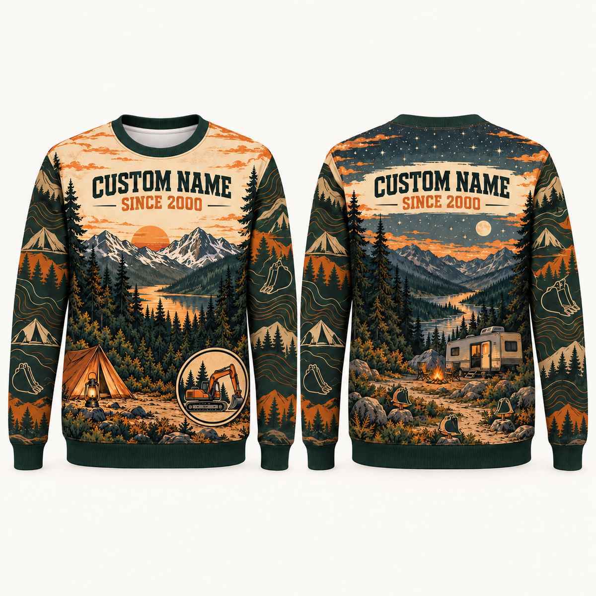Personalized Excavator Operator Earthmover Camp Weekend All-Over Print Crewneck Sweater: front and back design mockups with CUSTOM NAME and SINCE 2000
