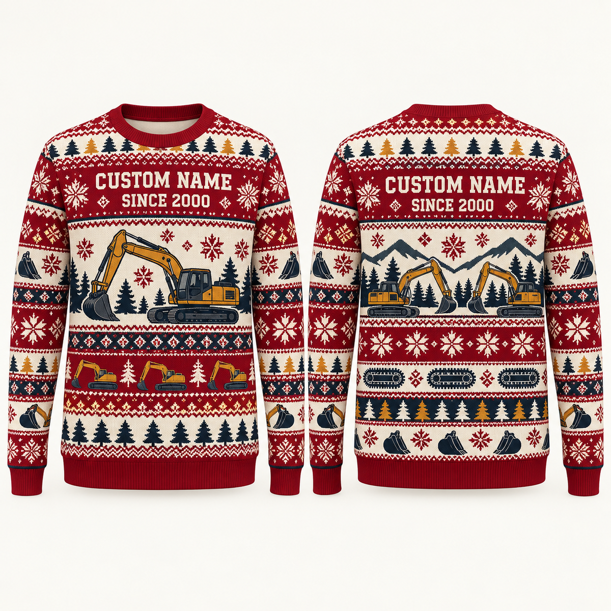 Personalized Excavator Operator Printed Fair Isle Christmas All-Over Print Crewneck Sweater: front and back design mockups with CUSTOM NAME and SINCE 2000