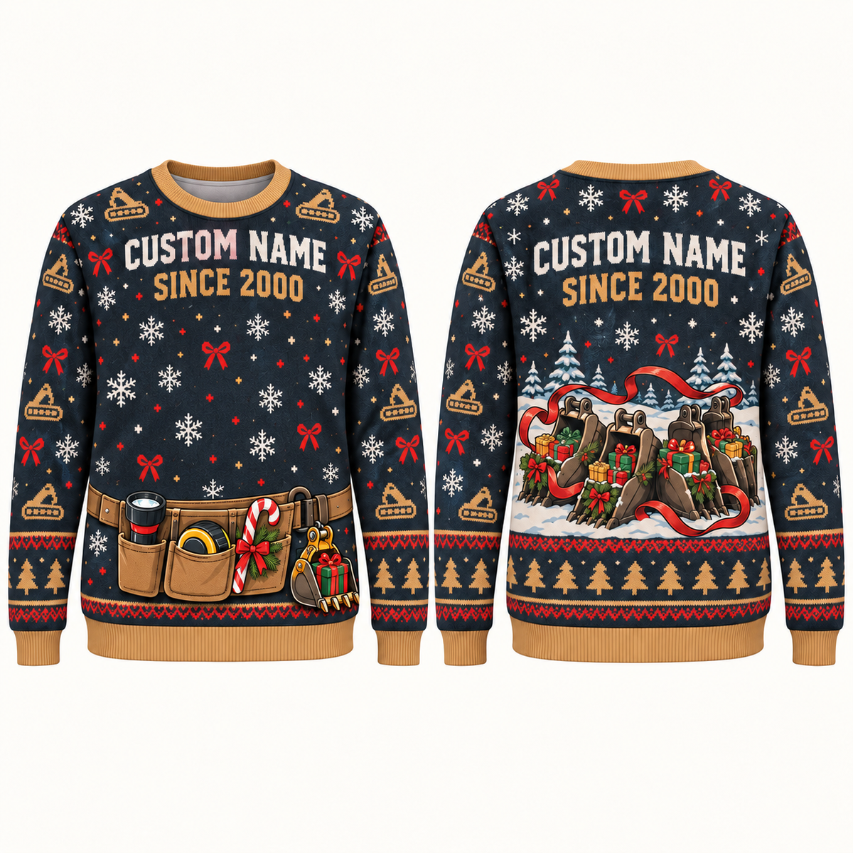 Personalized Excavator Operator Holiday Operator Kit Illusion All-Over Print Crewneck Sweater: front and back design mockups with CUSTOM NAME and SINCE 2000