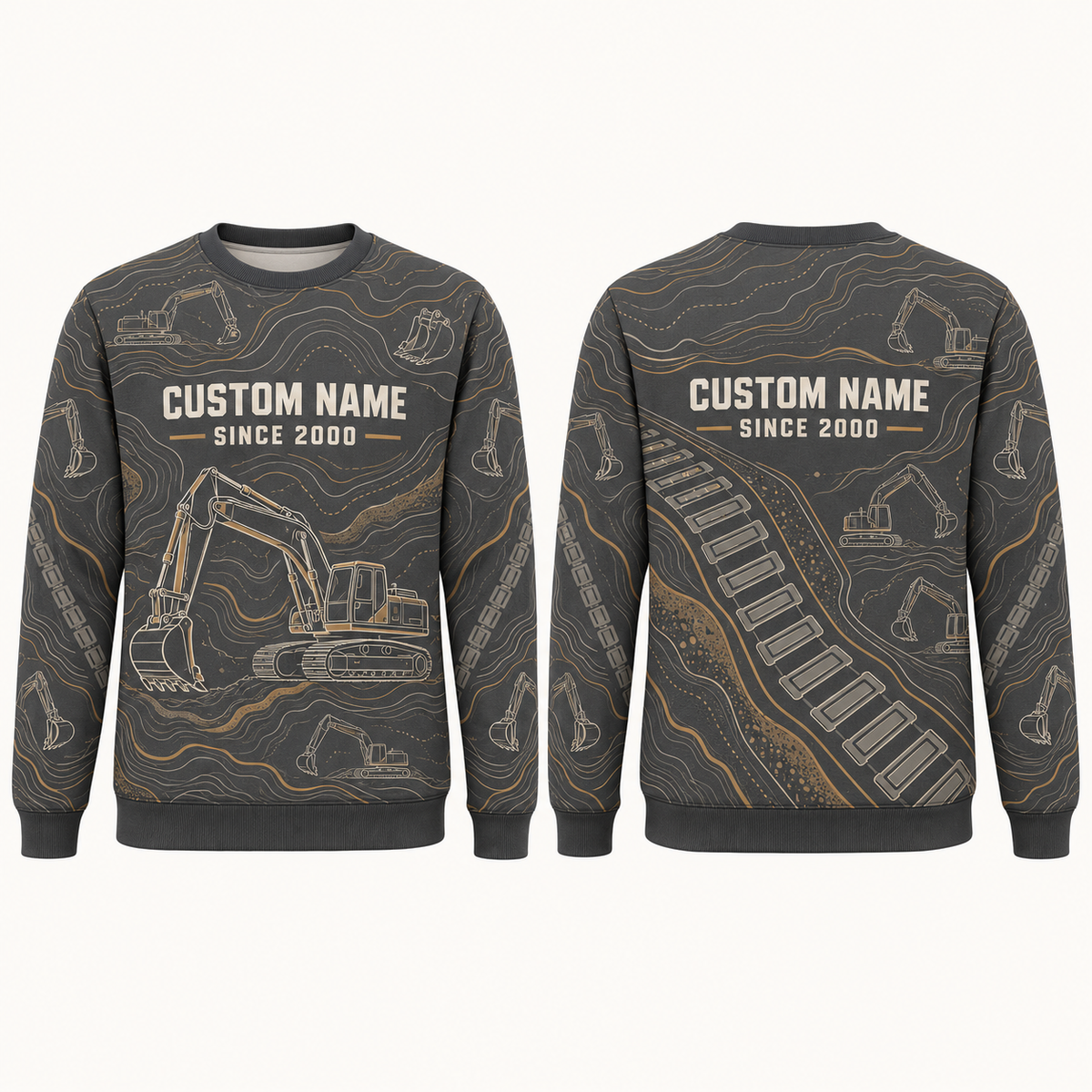 Personalized Excavator Operator Contour Geometry All-Over Print Crewneck Sweater: front and back design mockups with CUSTOM NAME and SINCE 2000