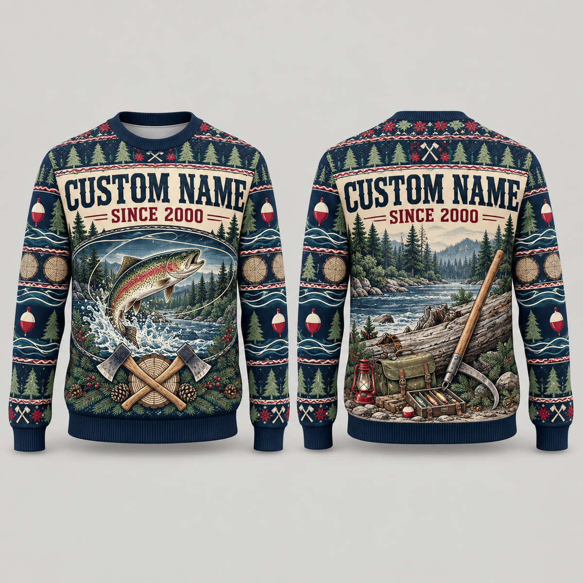 Personalized Logger Riverbreak Christmas All-Over Print Crewneck Sweater: front and back design mockups with CUSTOM NAME and SINCE 2000