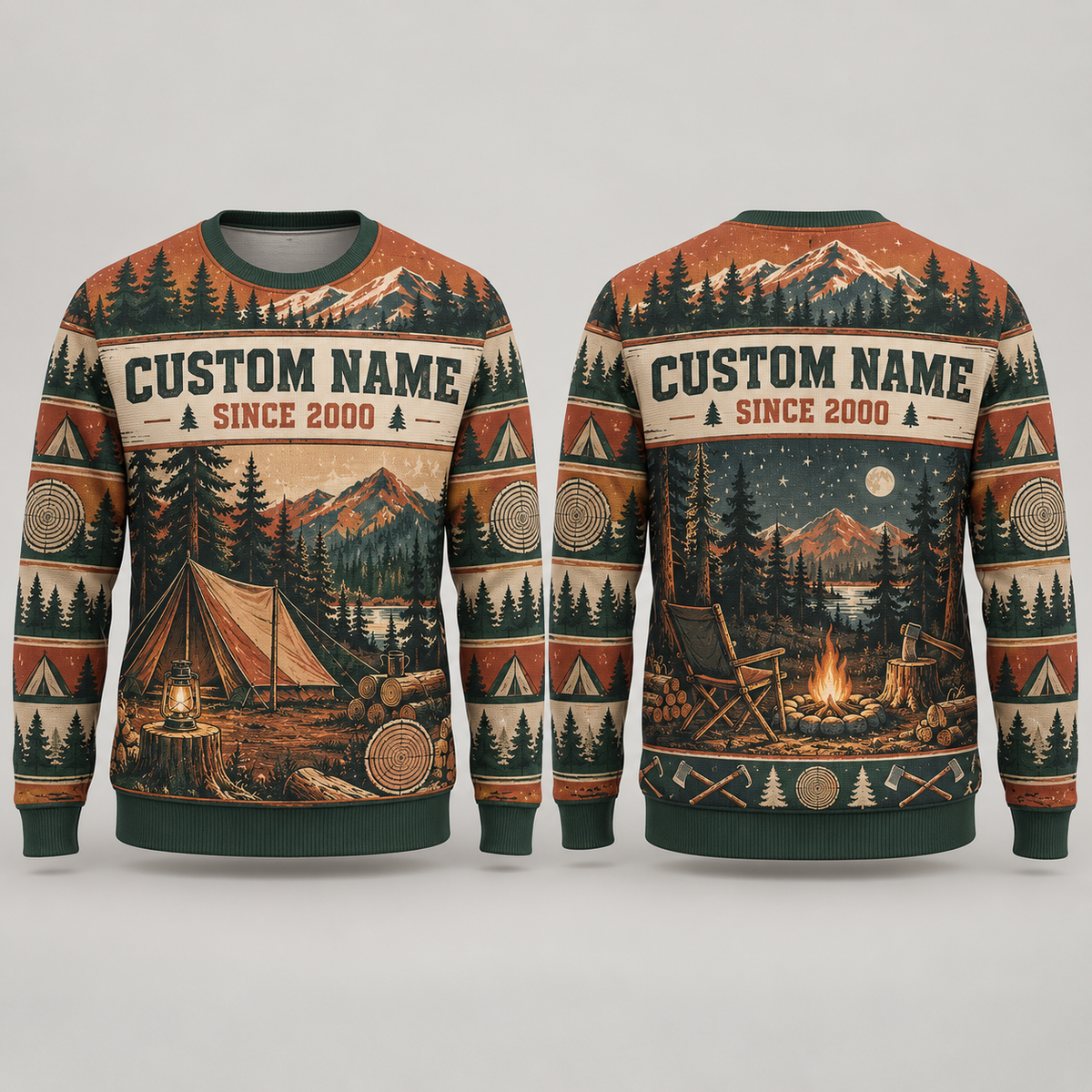 Personalized Logger Timber Camp Weekend All-Over Print Crewneck Sweater: front and back design mockups with CUSTOM NAME and SINCE 2000