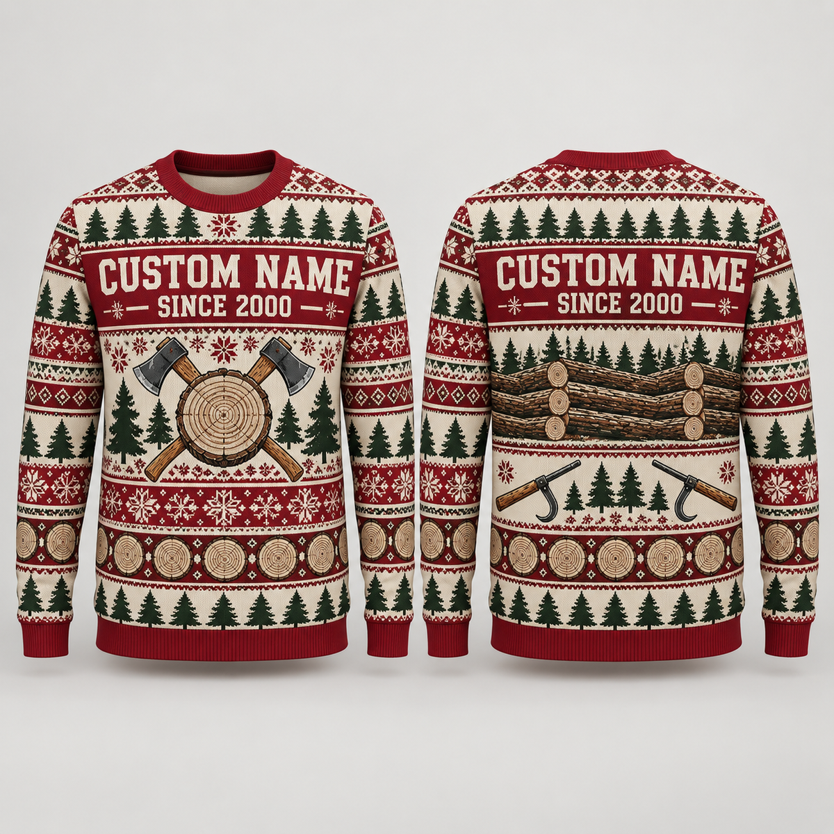 Personalized Logger Printed Fair Isle Christmas All-Over Print Crewneck Sweater: front and back design mockups with CUSTOM NAME and SINCE 2000