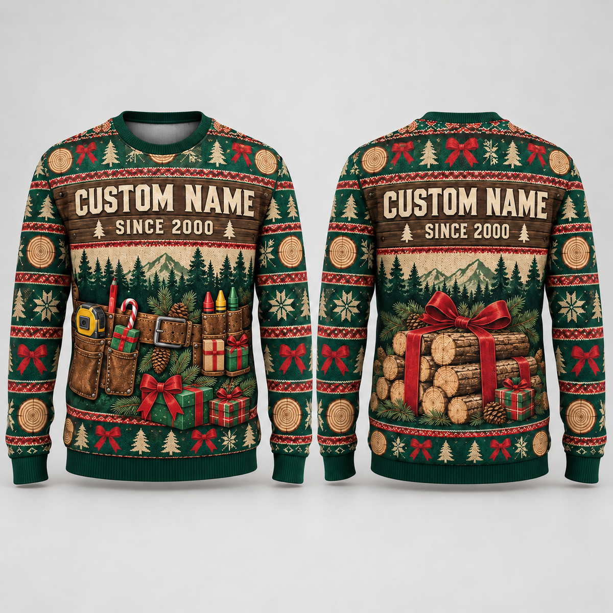 Personalized Logger Timber Crew Holiday Toolbelt Illusion All-Over Print Crewneck Sweater: front and back design mockups with CUSTOM NAME and SINCE 2000