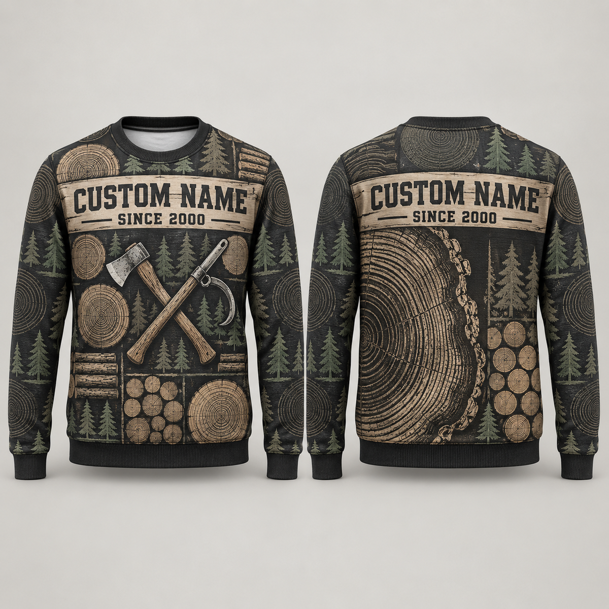 Personalized Logger End-Grain Geometry All-Over Print Crewneck Sweater: front and back design mockups with CUSTOM NAME and SINCE 2000