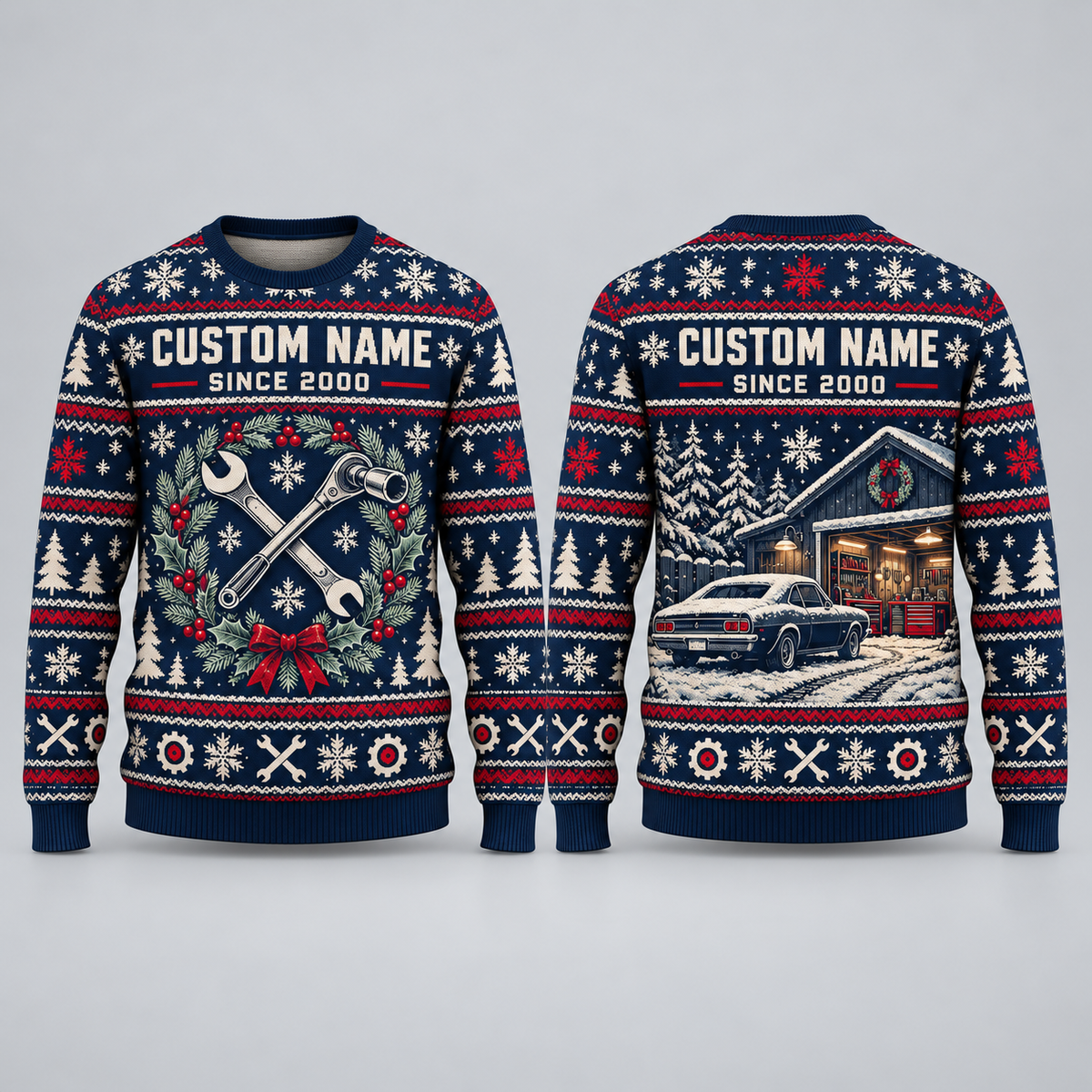 Personalized Mechanic Garage Holiday Torque All-Over Print Crewneck Sweater: front and back design mockups with CUSTOM NAME and SINCE 2000