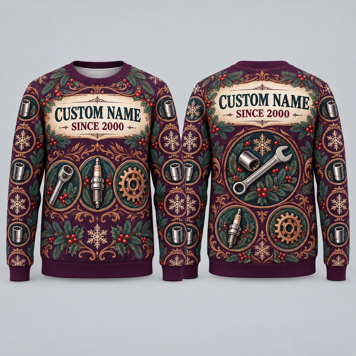 Personalized Mechanic Garage Crew Holiday Medallions All-Over Print Crewneck Sweater: front and back design mockups with CUSTOM NAME and SINCE 2000