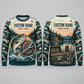 Personalized Mechanic Gone Fishing Christmas All-Over Print Crewneck Sweater: front and back design mockups with CUSTOM NAME and SINCE 2000