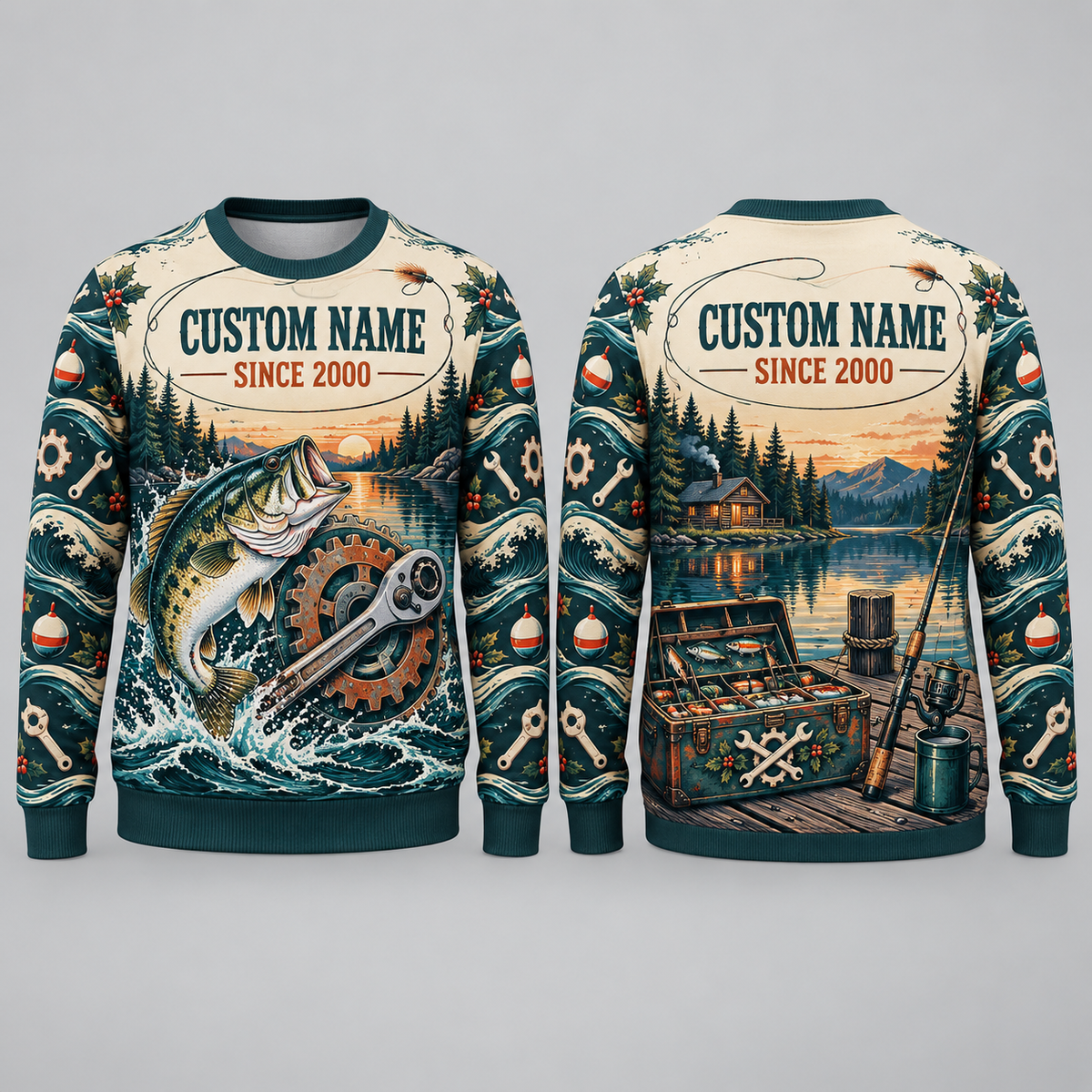 Personalized Mechanic Gone Fishing Christmas All-Over Print Crewneck Sweater: front and back design mockups with CUSTOM NAME and SINCE 2000
