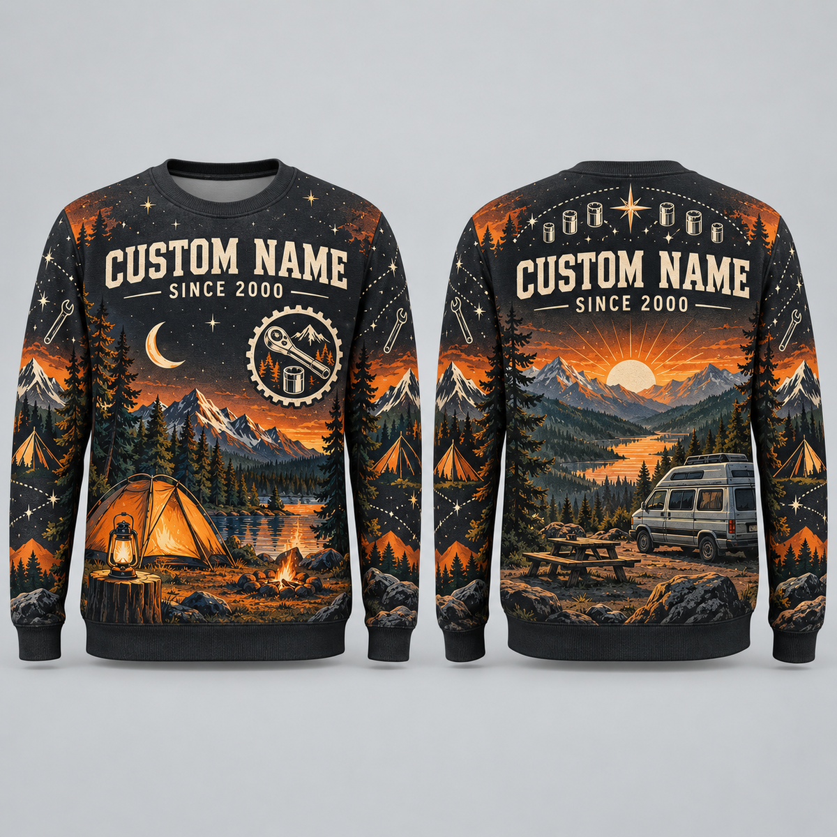 Personalized Mechanic Garage-to-Camp Weekend All-Over Print Crewneck Sweater: front and back design mockups with CUSTOM NAME and SINCE 2000