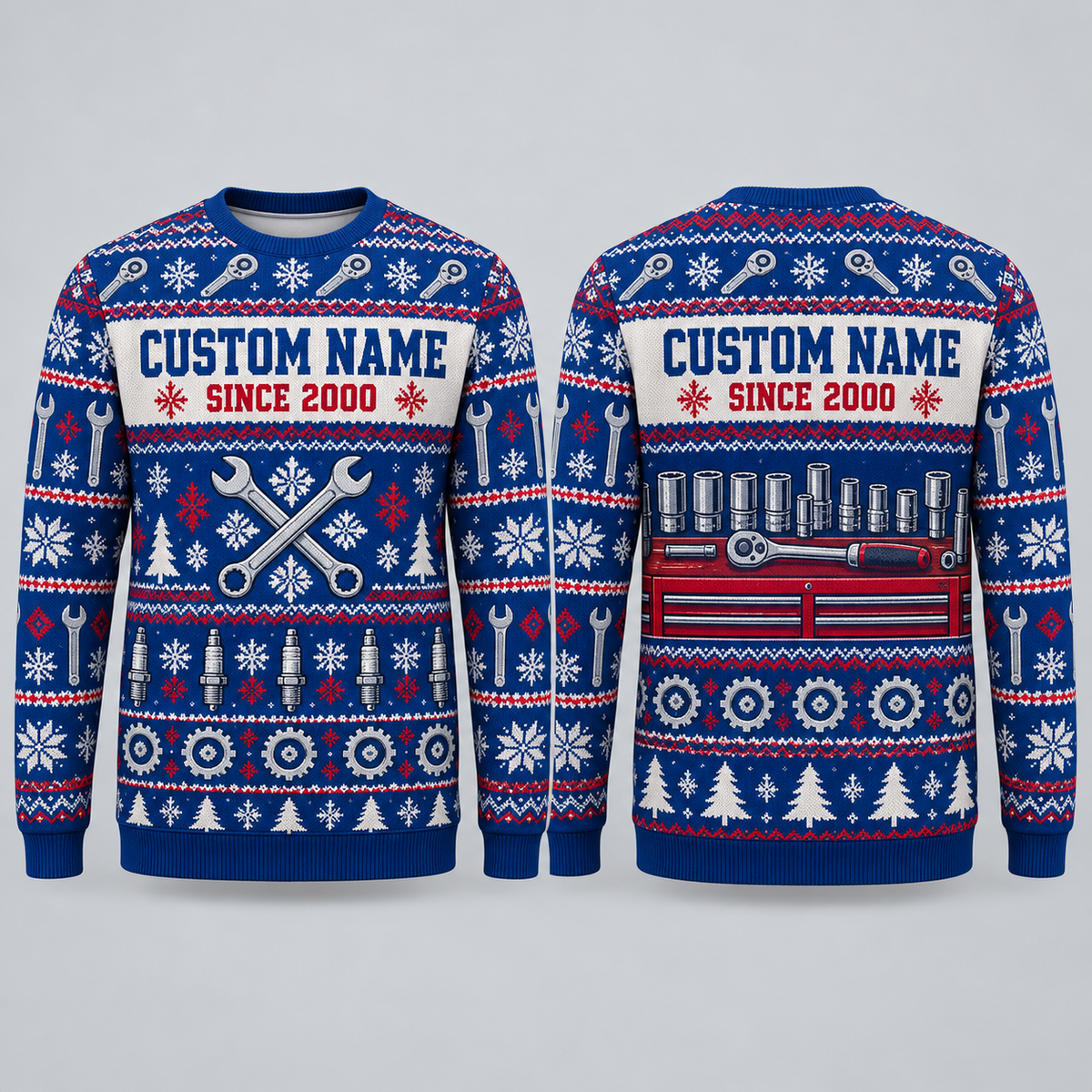 Personalized Mechanic Printed Fair Isle Christmas All-Over Print Crewneck Sweater: front and back design mockups with CUSTOM NAME and SINCE 2000