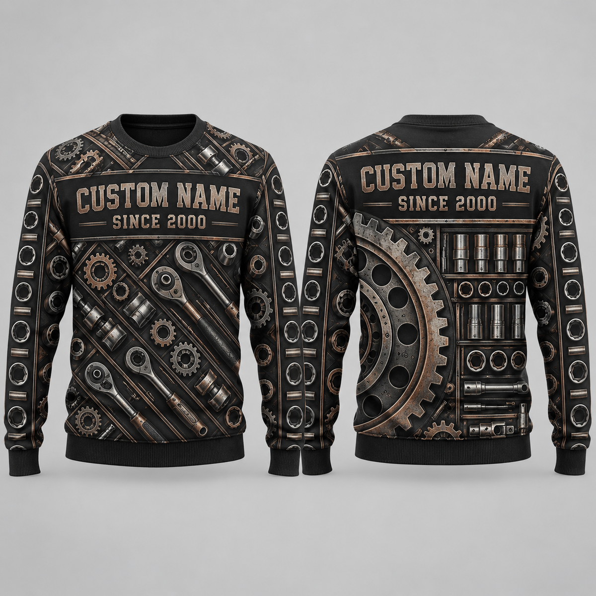 Personalized Mechanic Torque Geometry All-Over Print Crewneck Sweater: front and back design mockups with CUSTOM NAME and SINCE 2000