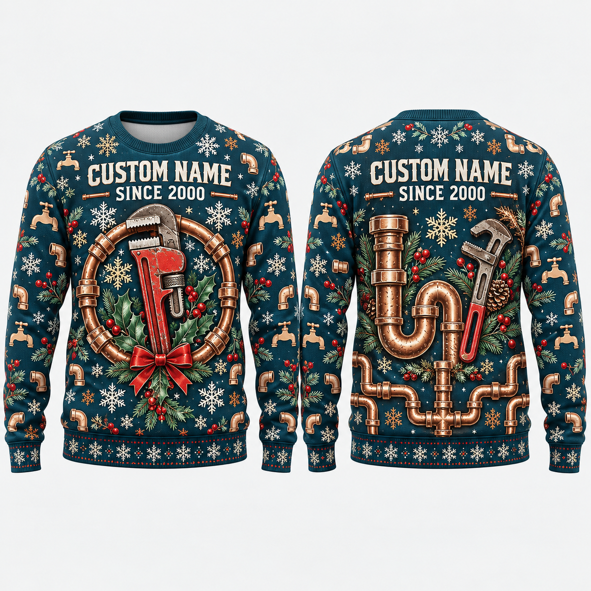 Personalized Plumber Holiday Pipeworks Hero All-Over Print Crewneck Sweater: front and back design mockups with CUSTOM NAME and SINCE 2000