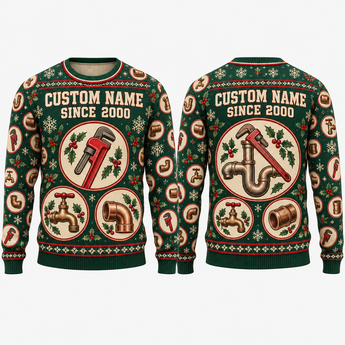 Personalized Plumber Pipe Crew Holiday Medallions All-Over Print Crewneck Sweater: front and back design mockups with CUSTOM NAME and SINCE 2000