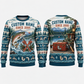 Personalized Plumber Gone Fishing Christmas All-Over Print Crewneck Sweater: front and back design mockups with CUSTOM NAME and SINCE 2000