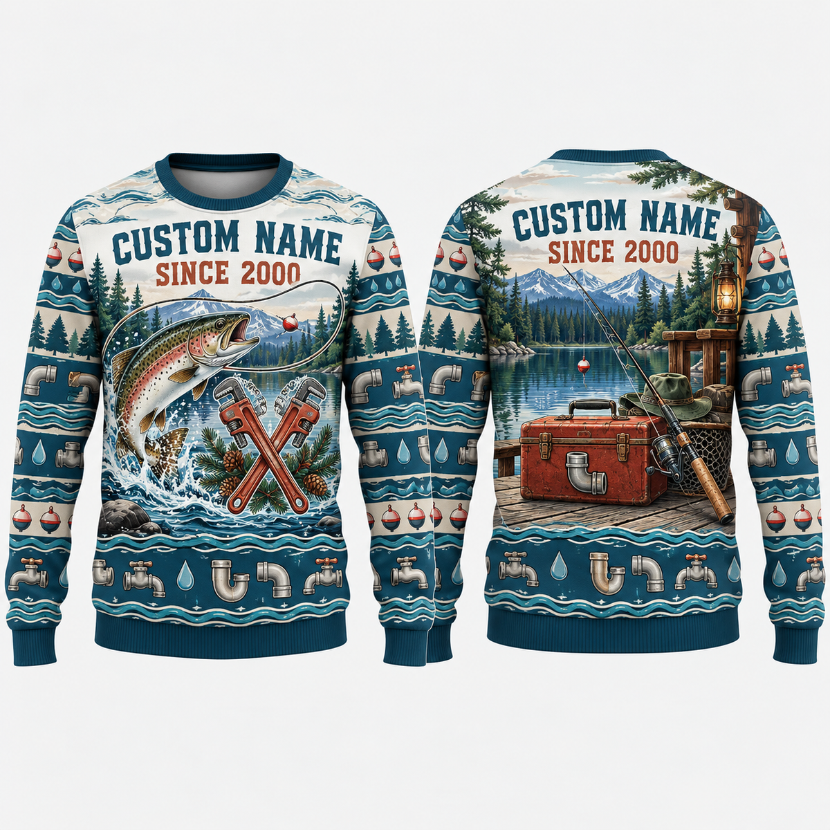 Personalized Plumber Gone Fishing Christmas All-Over Print Crewneck Sweater: front and back design mockups with CUSTOM NAME and SINCE 2000