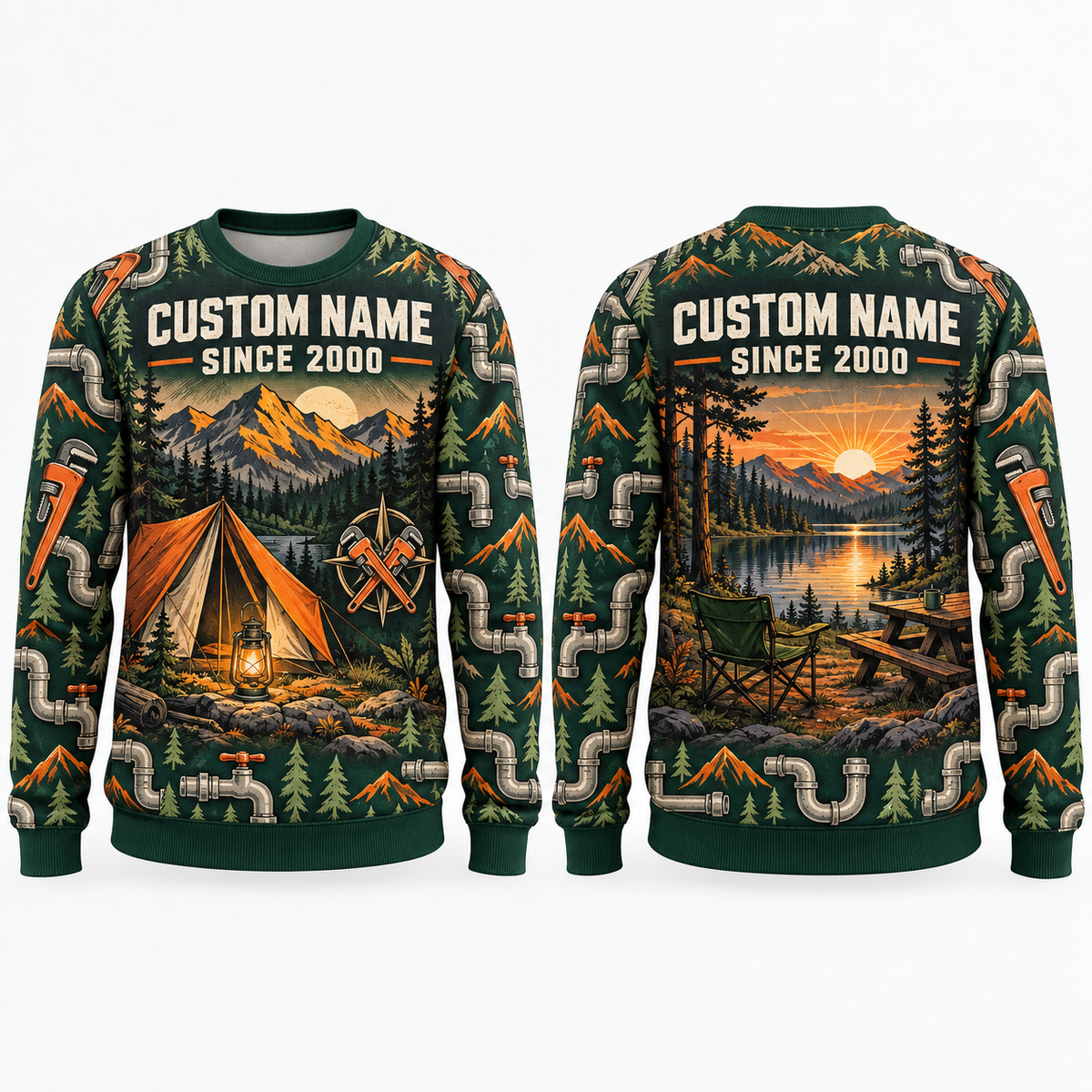 Personalized Plumber Pipeworks Camp Weekend All-Over Print Crewneck Sweater: front and back design mockups with CUSTOM NAME and SINCE 2000
